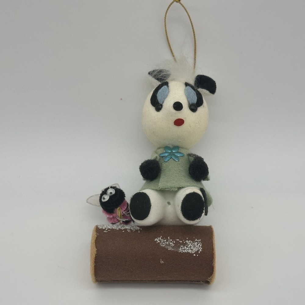 Christmas Ornament  Bear And Bee On Log 5 Inch - Panda Bear Vintage Japan
